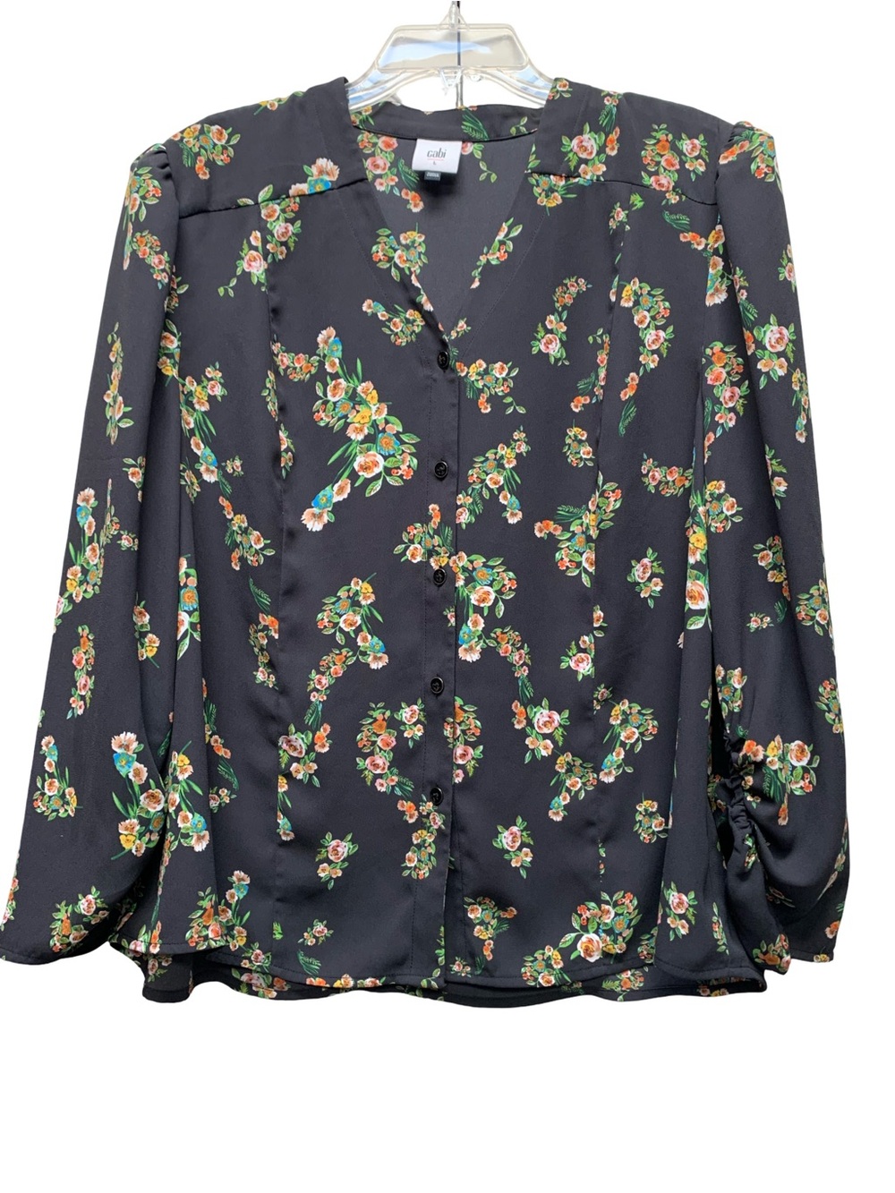 CAbi Black Floral Button-Down Blouse with Green and Peach Accents